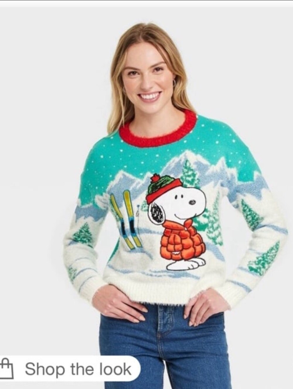 Peanuts Snoopy Ski Sweater Women Teal Fuzzy Winter Holiday Christmas Knit Size L - Picture 2 of 6